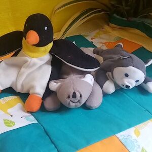 Set of three Thai beanie babies penguin, koala bear, Alaskan husky